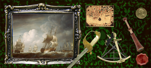 Collage of marine instruments and sources of inspiration for the Commodore aesthetic.